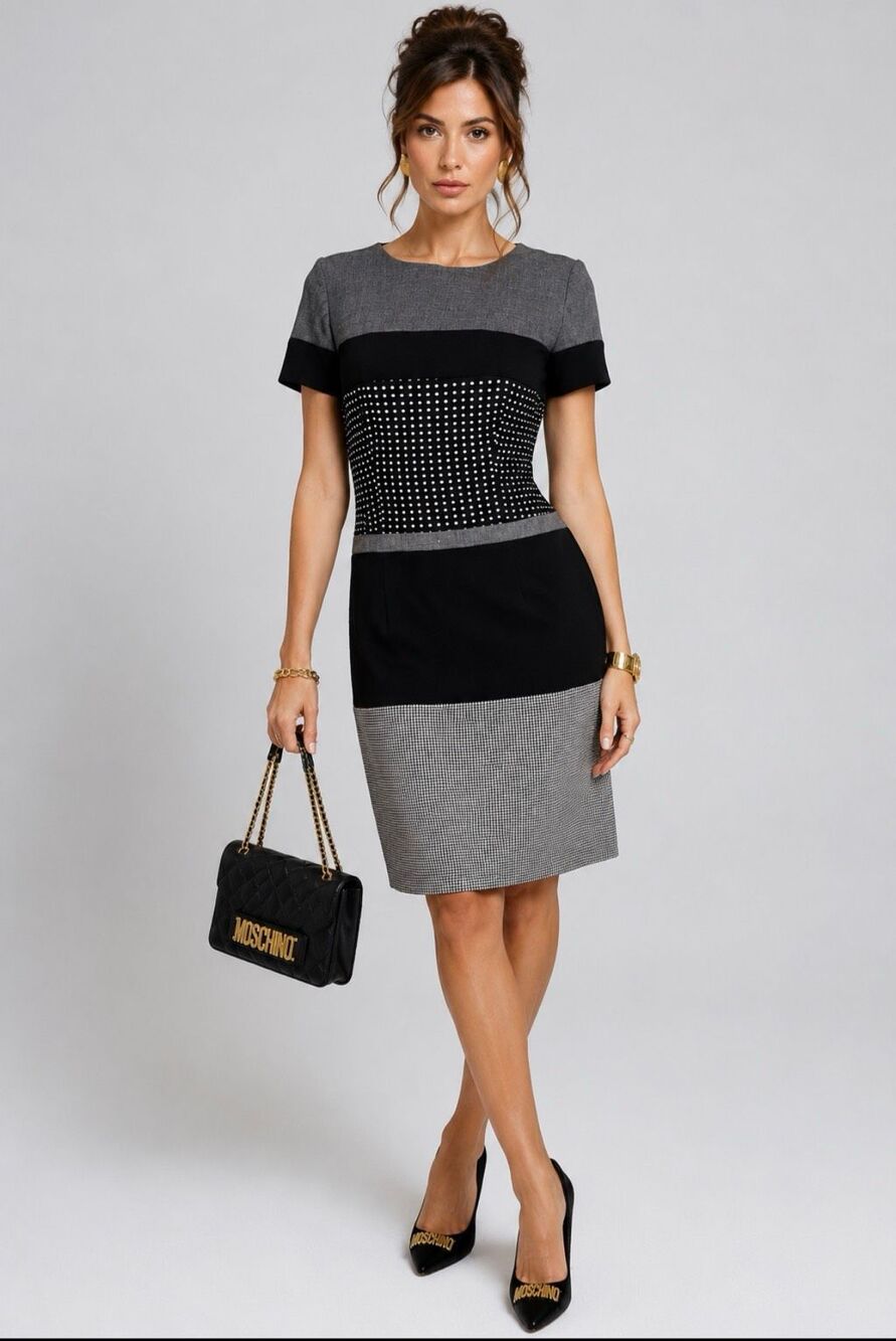 Moschino Cheap & Chic Wool Blend Colorblock Houndstooth Sheath Dress M
